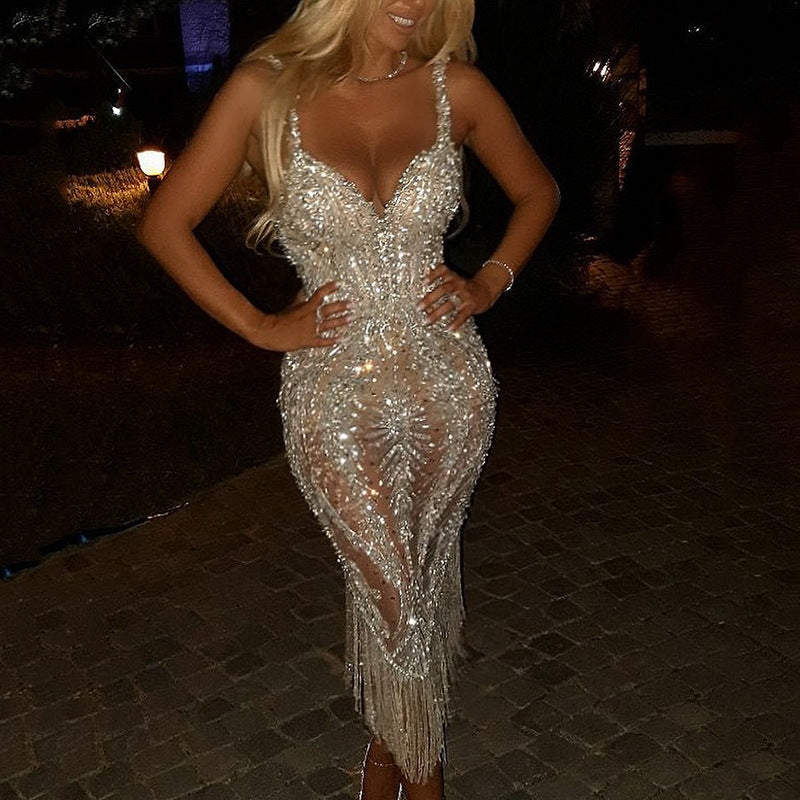 Sequin Evening Dress | V-Neck, Fringe Hem | Silver & Gold