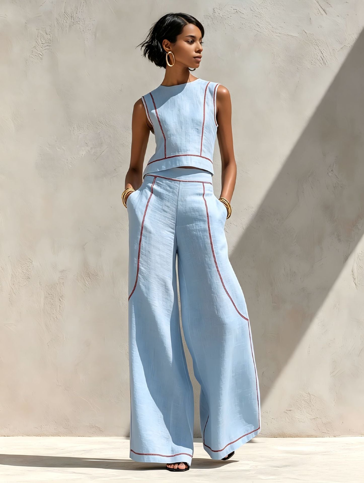 Women's Wide Leg Pants Set | Sleeveless Color Block | Summer Casual