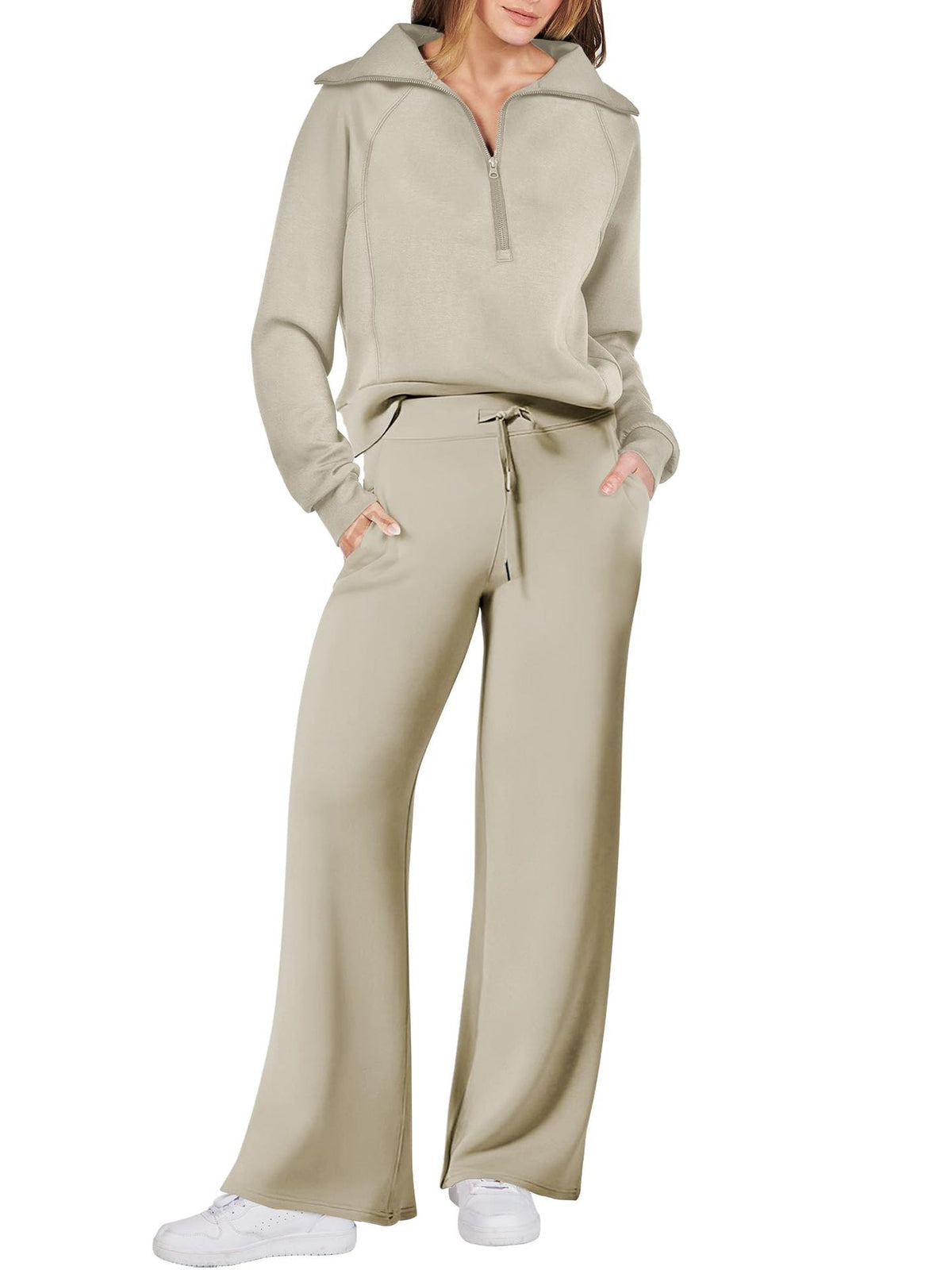 Womens 2 piece zip sweatshirt set with side pockets, casual tracksuit