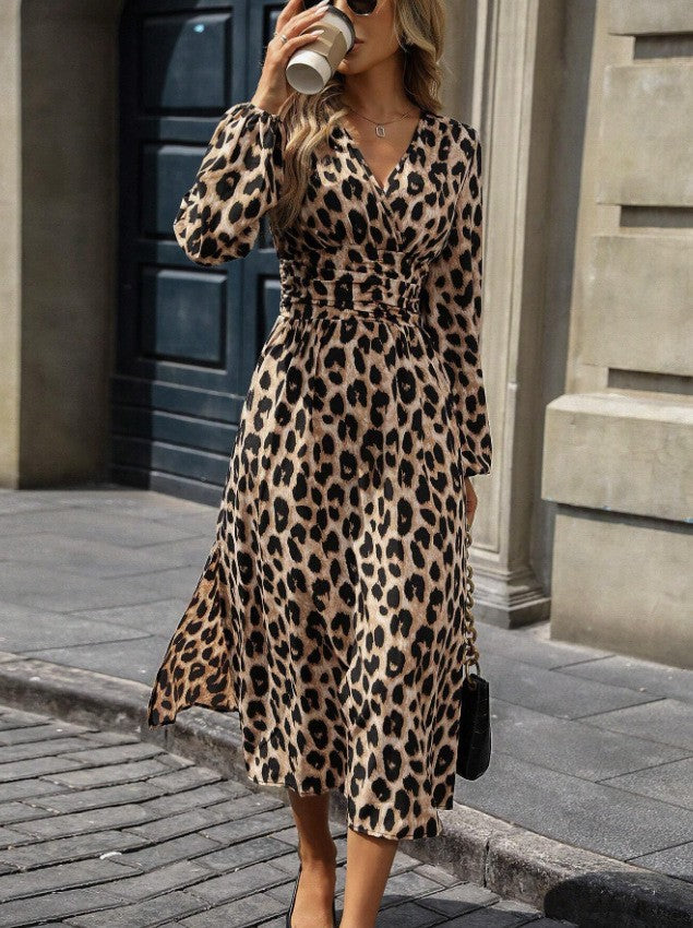 Women's Long Sleeve Dress | Leopard Print, V-Neck, High Waist