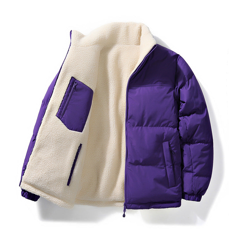 Mens puffer jacket stand collar reversible with sherpa lining
