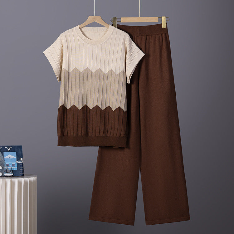 Women's Two Piece Set | Gradient Short Sleeve Top Long Pants | Knit, Slimming