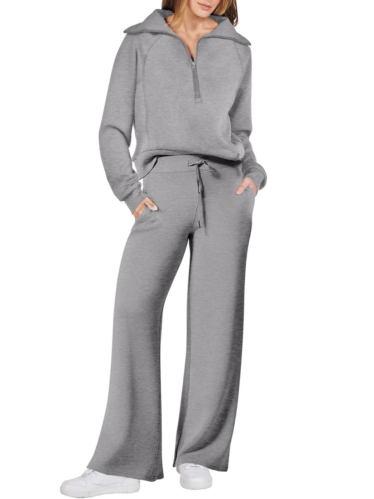 Womens 2 piece zip sweatshirt set with side pockets, casual tracksuit