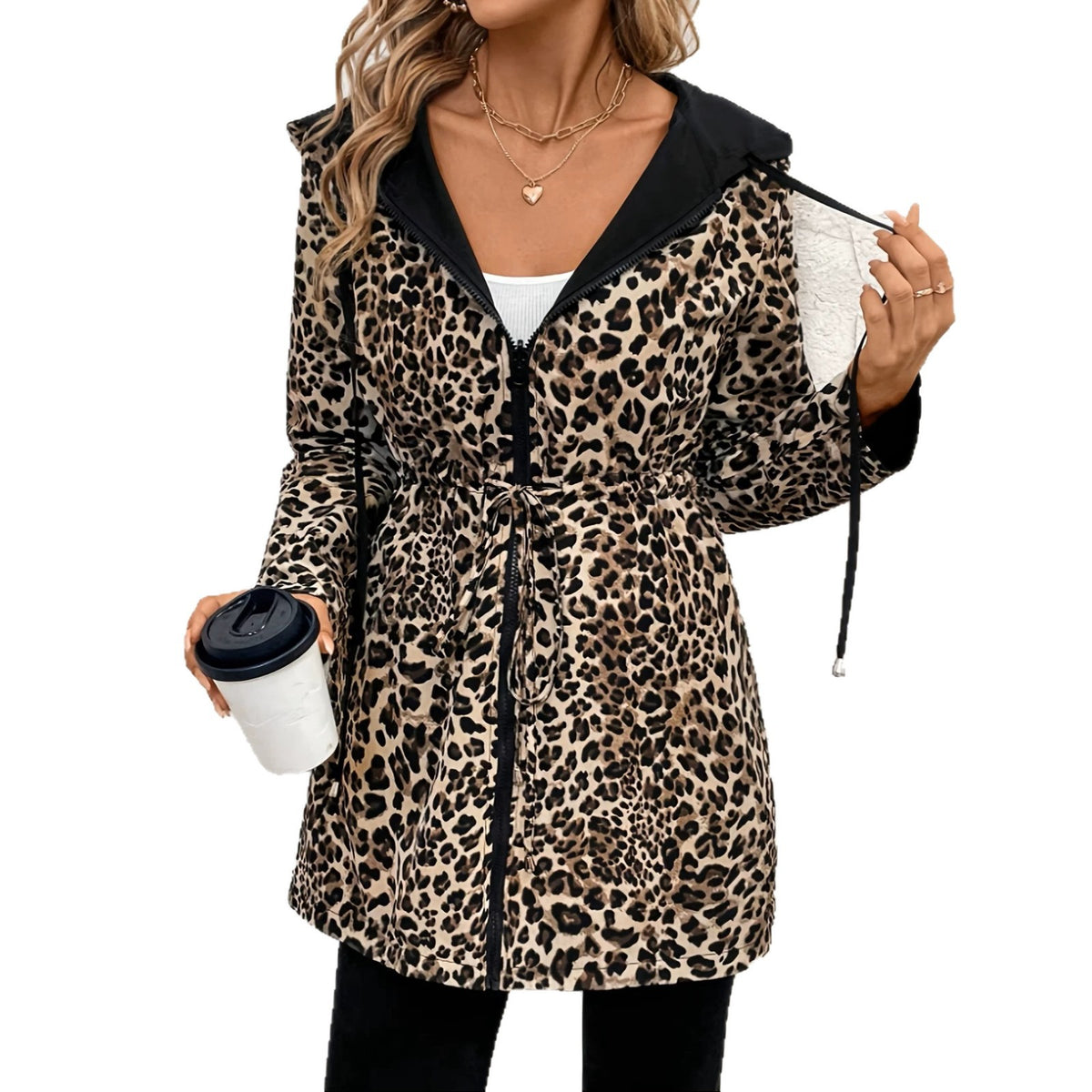 Womens leopard print jacket long hooded with front zipper