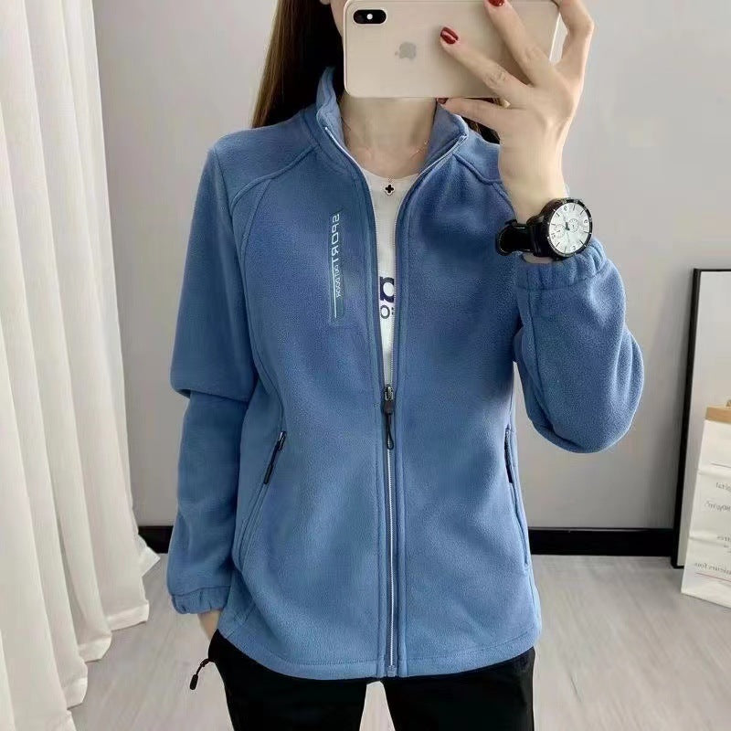 Thermal fleece jacket women plus size stand collar cardigan with double sided fleece