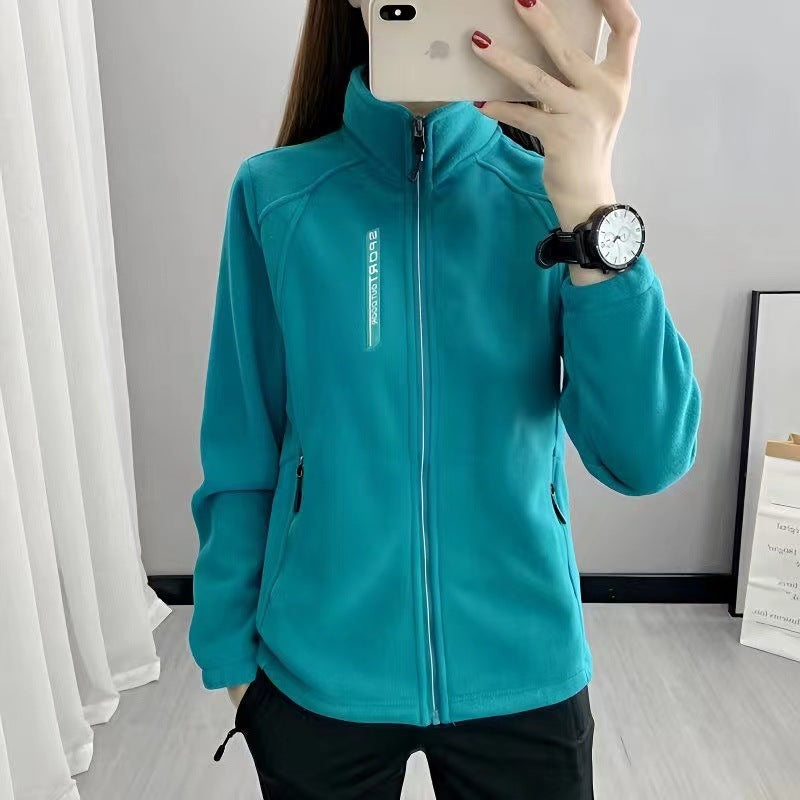 Thermal fleece jacket women plus size stand collar cardigan with double sided fleece