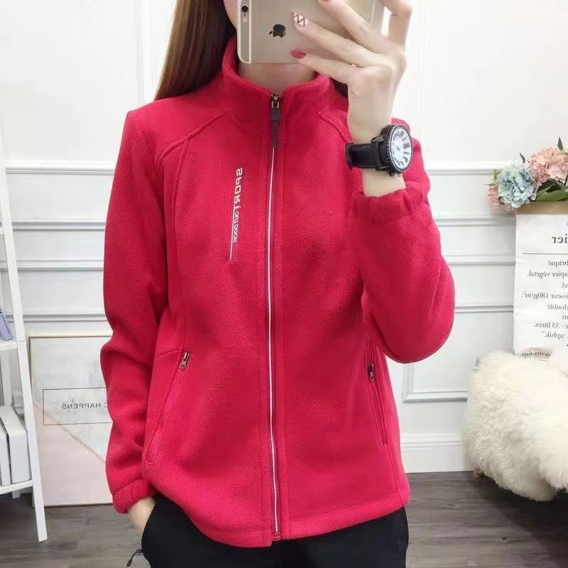 Thermal fleece jacket women plus size stand collar cardigan with double sided fleece