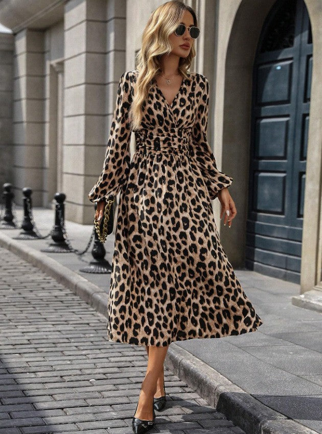 Women's Long Sleeve Dress | Leopard Print, V-Neck, High Waist