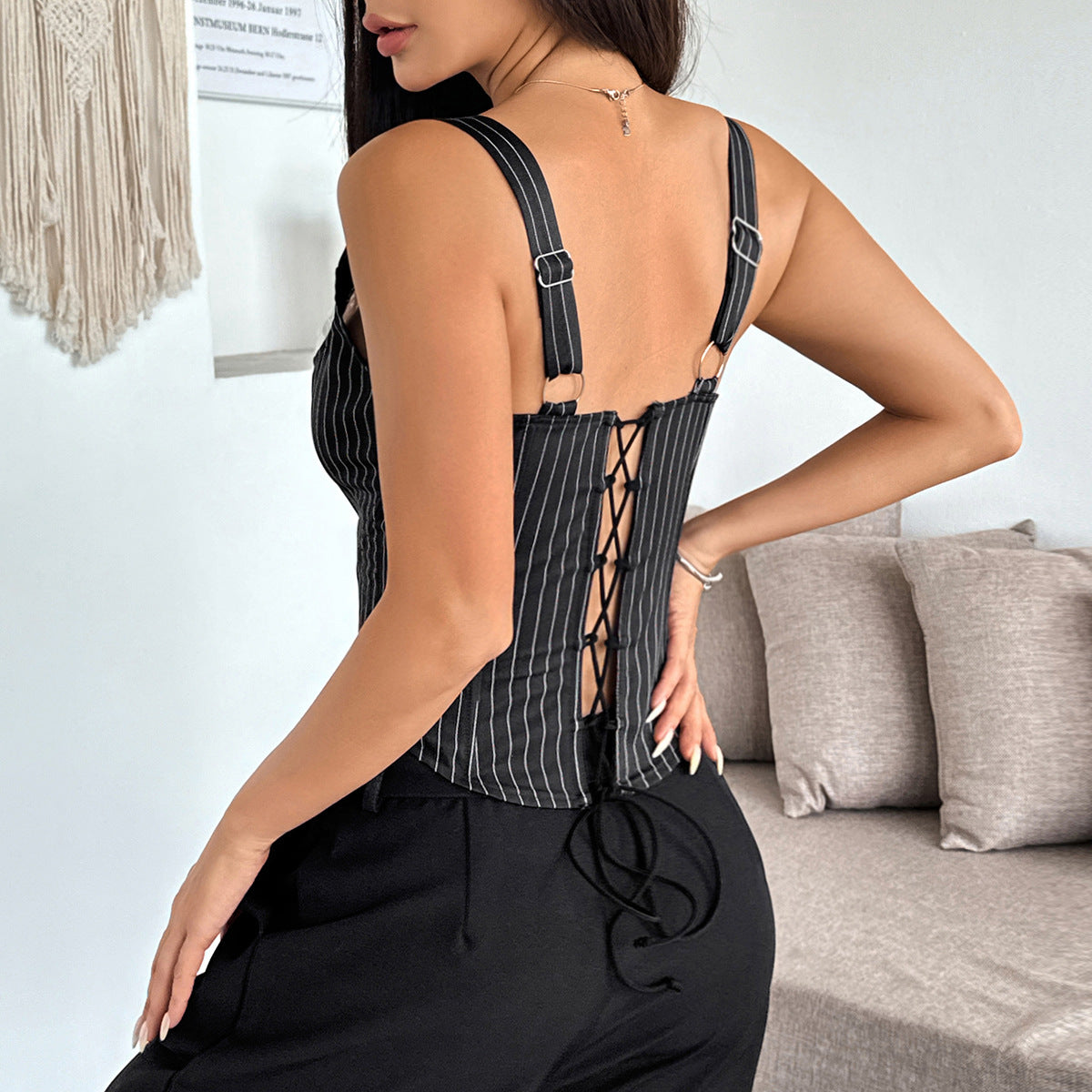 Striped top | Color block, lace trim | Polyester