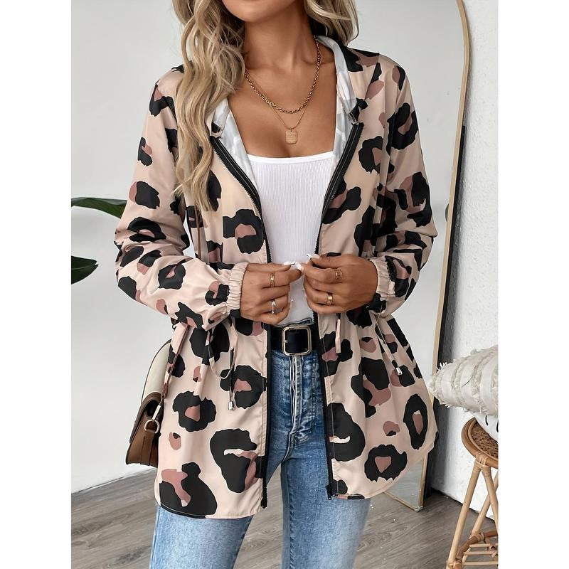 Womens leopard print jacket hooded with long sleeves for casual wear