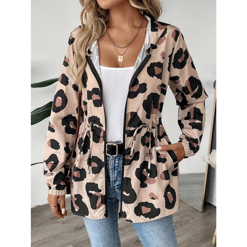 Womens leopard print jacket hooded with long sleeves for casual wear