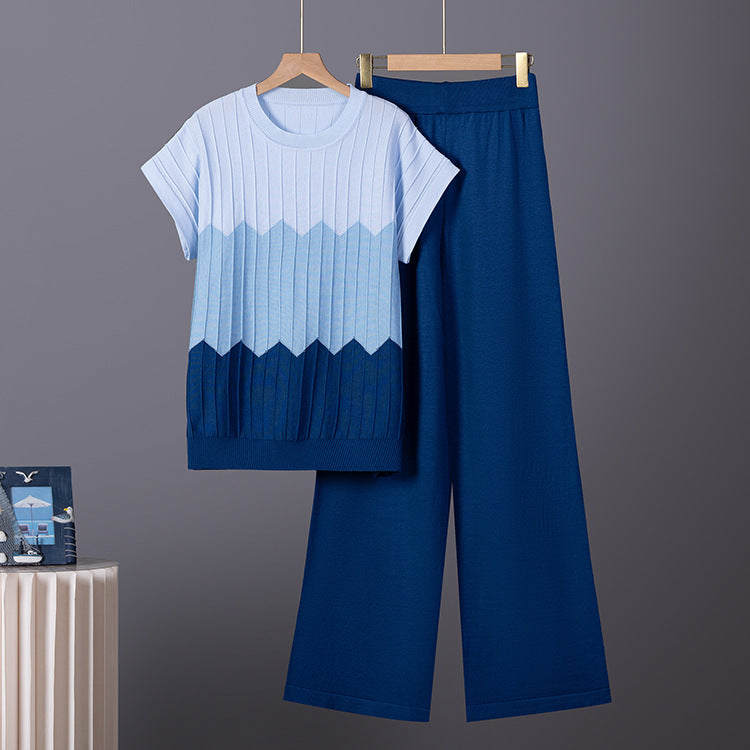 Women's Two Piece Set | Gradient Short Sleeve Top Long Pants | Knit, Slimming