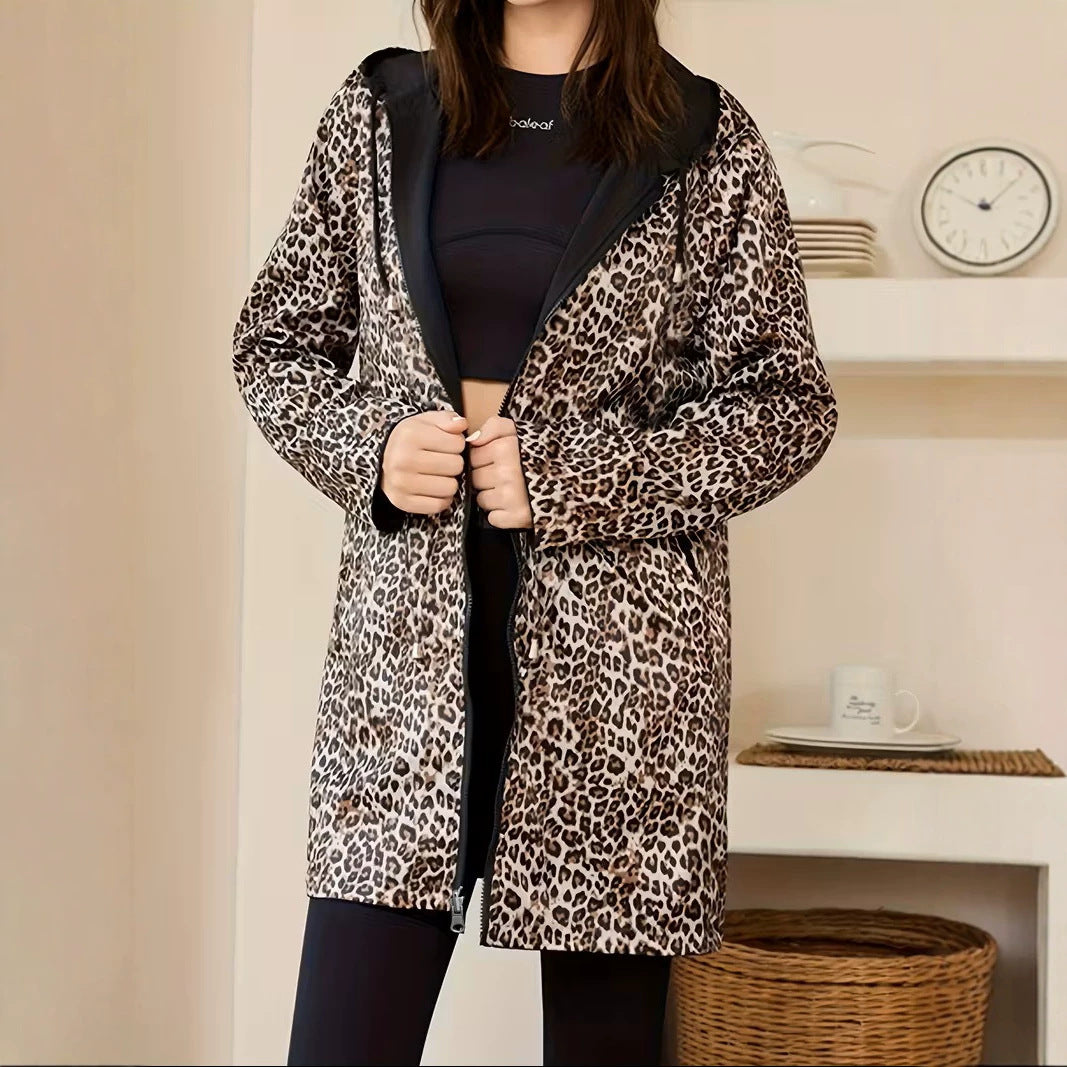 Womens leopard print jacket long hooded with front zipper