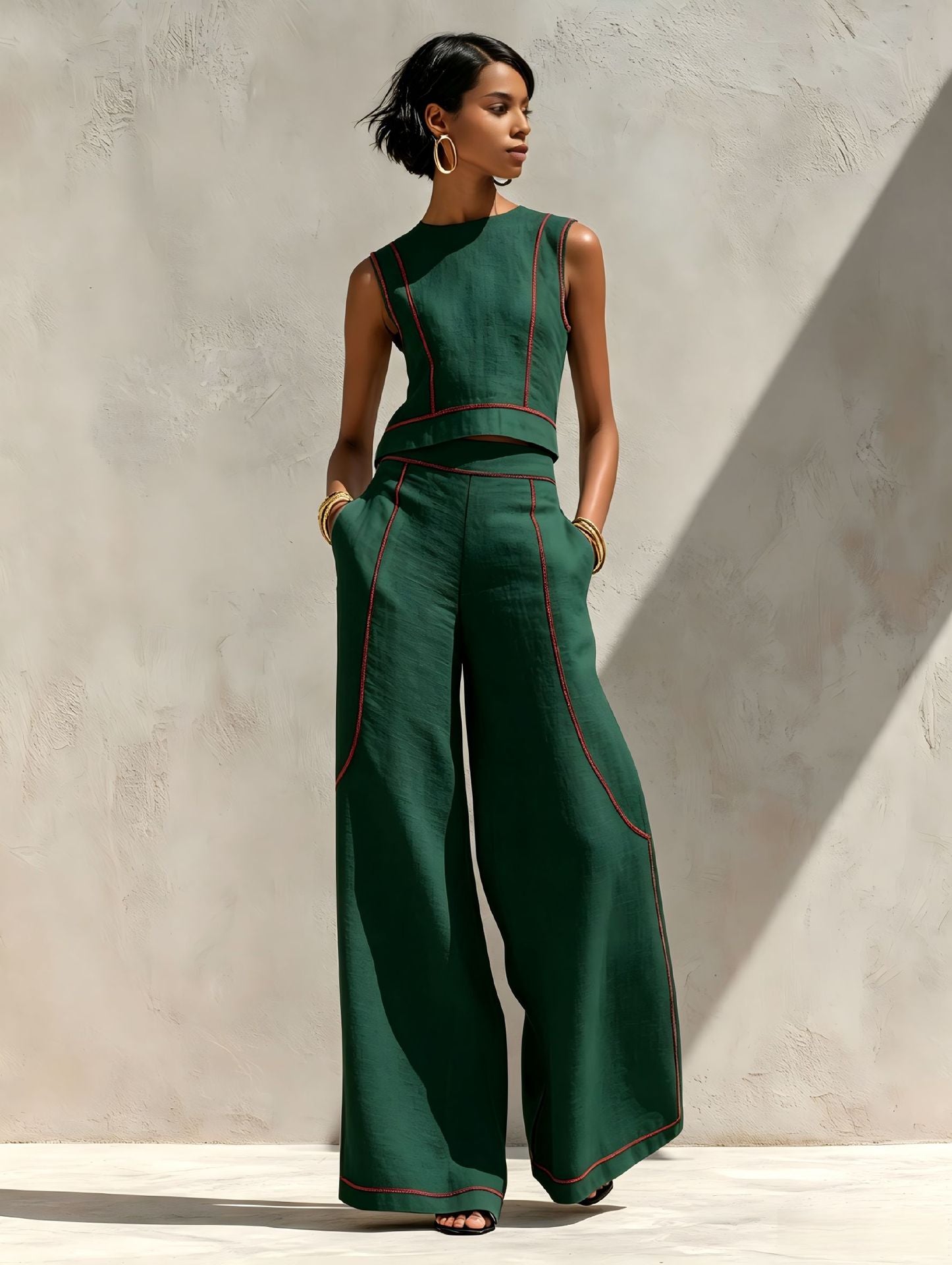 Women's Wide Leg Pants Set | Sleeveless Color Block | Summer Casual
