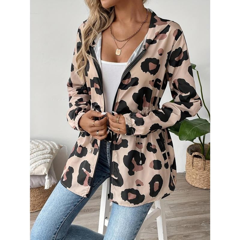 Womens leopard print jacket hooded with long sleeves for casual wear