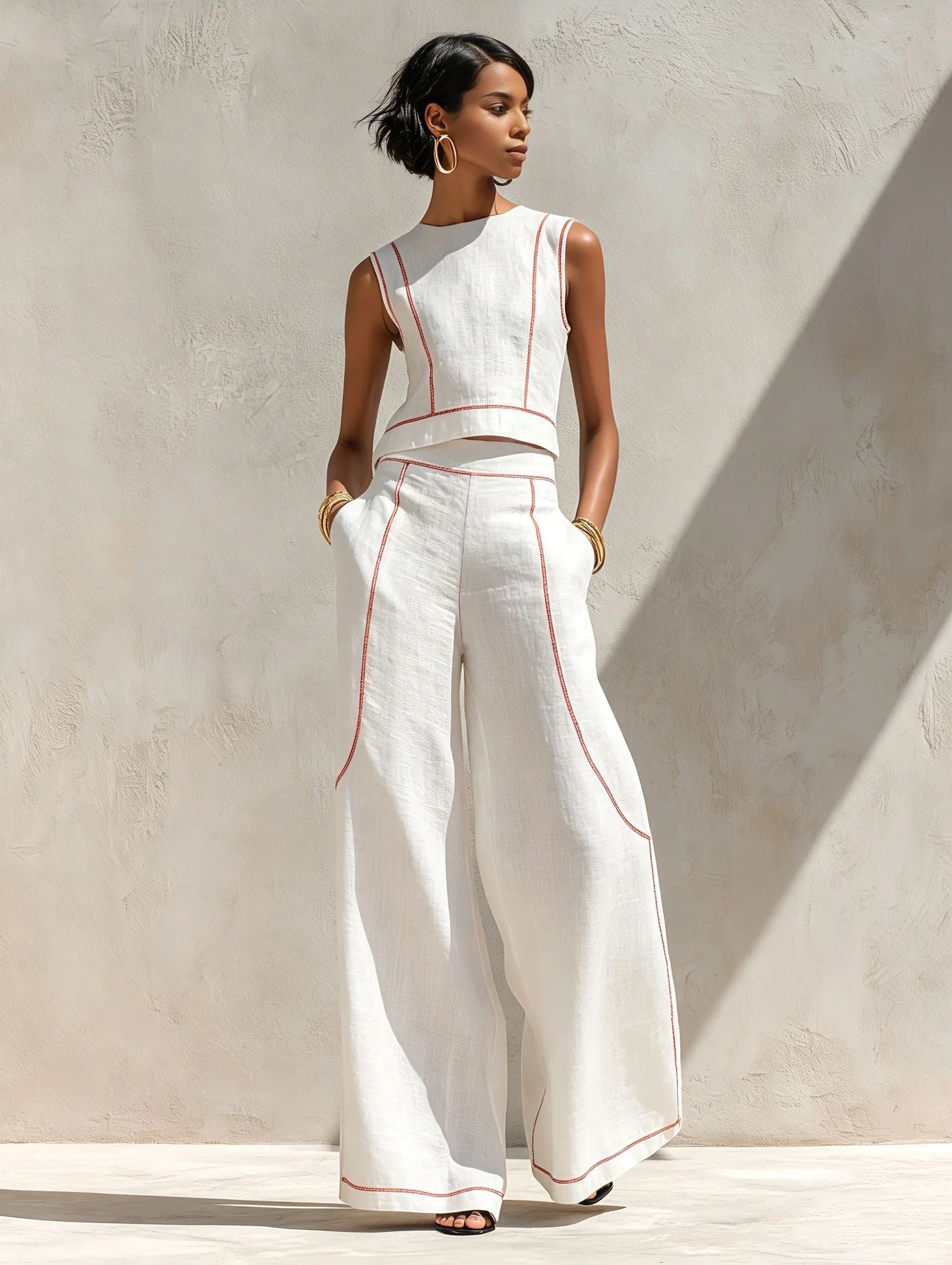 Women's Wide Leg Pants Set | Sleeveless Color Block | Summer Casual