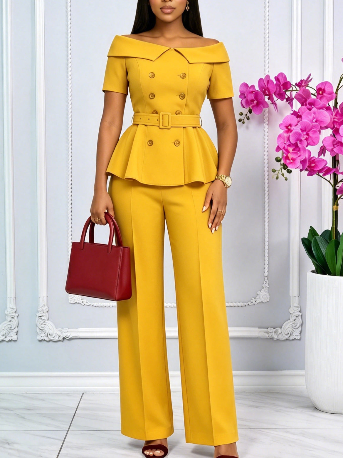 Women's Two-Piece Set | Off-Shoulder Top, Casual Pants | Pure Colors