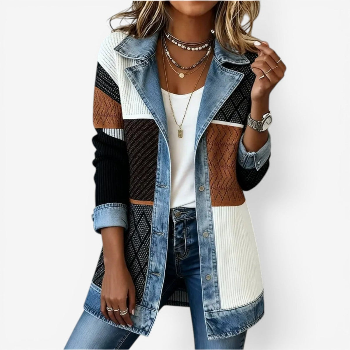 Women layered look soft touch jacket with denim-inspired contrast trims relaxed fit