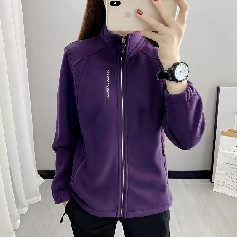 Thermal fleece jacket women plus size stand collar cardigan with double sided fleece