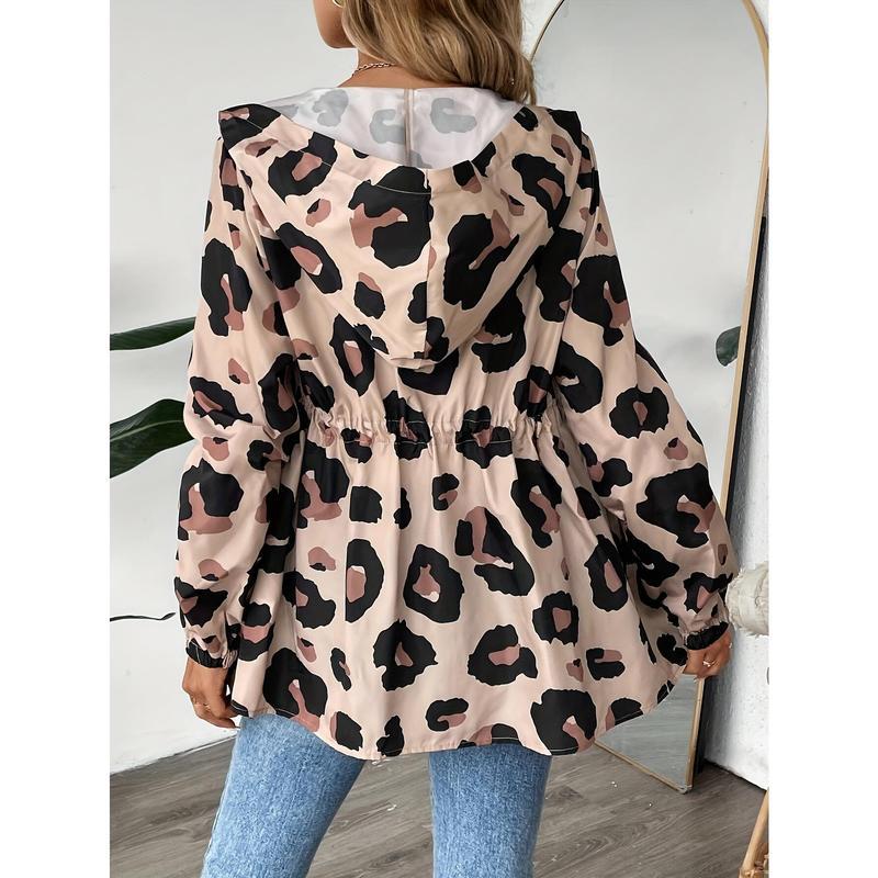 Womens leopard print jacket hooded with long sleeves for casual wear