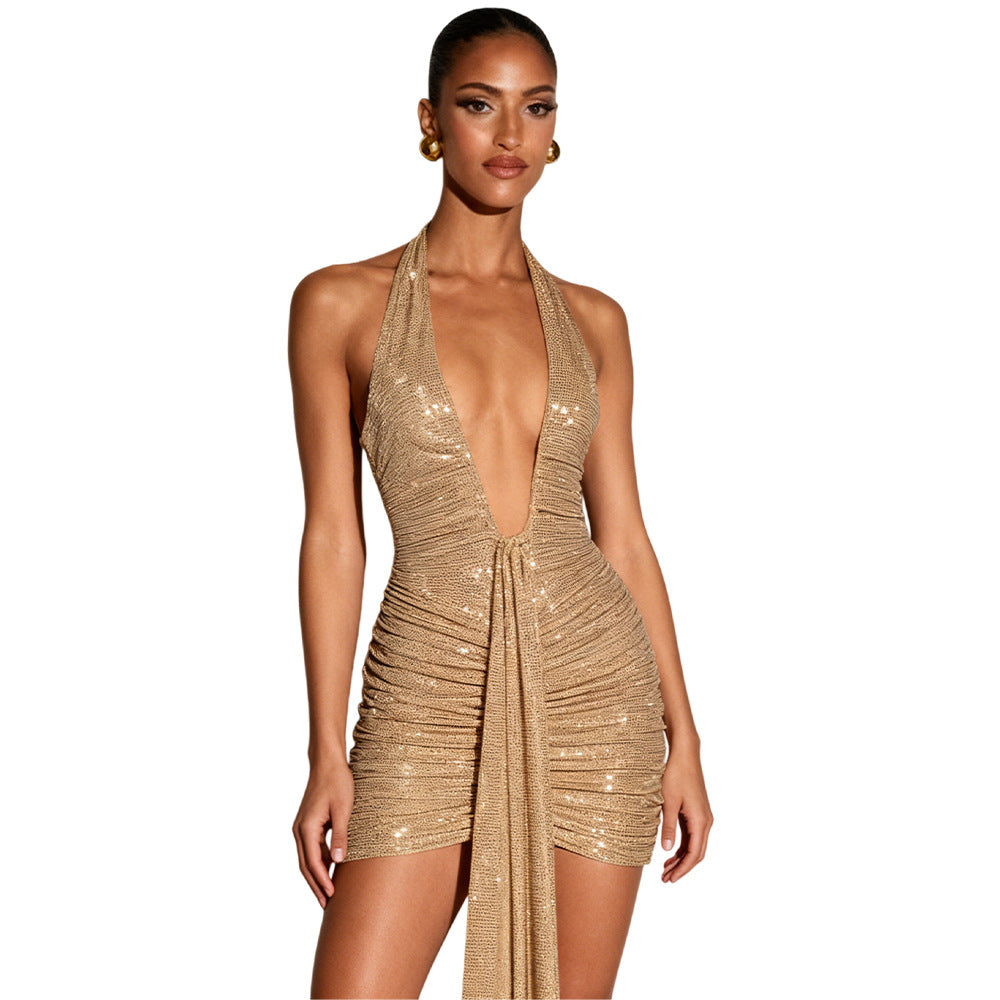 Sequin Mini Dress | Deep V-Neck | Gold, Draping Details