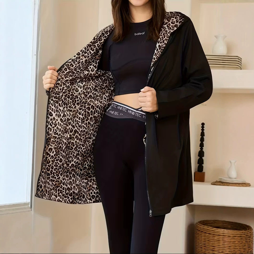 Womens leopard print jacket long hooded with front zipper