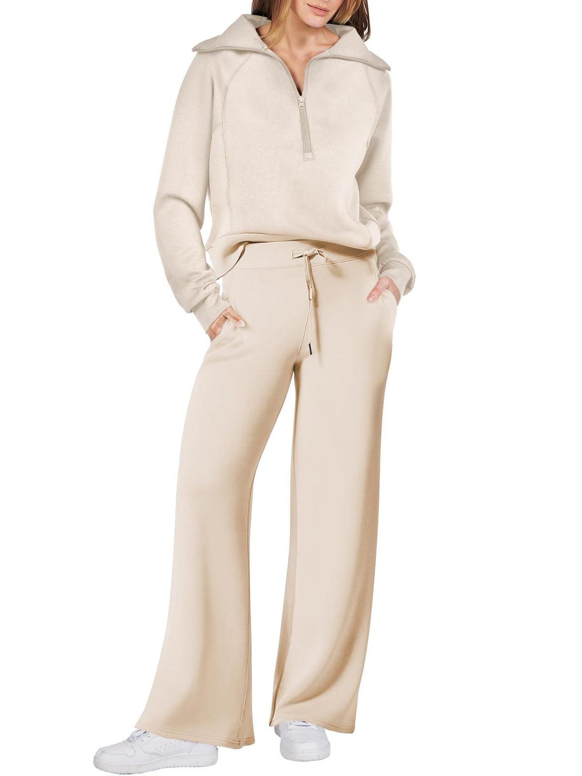 Womens 2 piece zip sweatshirt set with side pockets, casual tracksuit