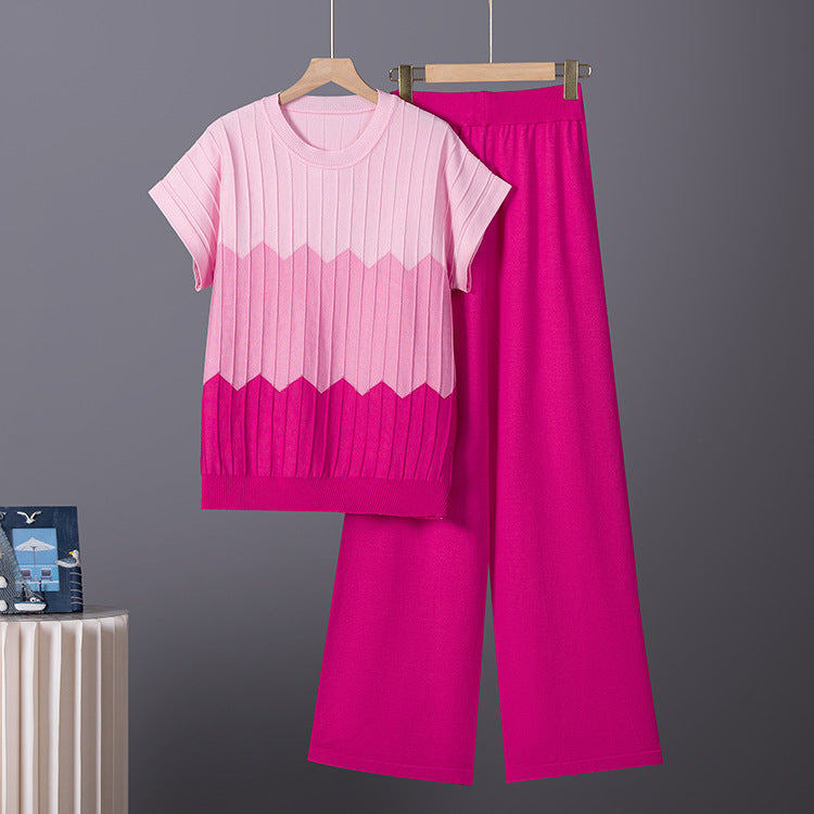 Women's Two Piece Set | Gradient Short Sleeve Top Long Pants | Knit, Slimming