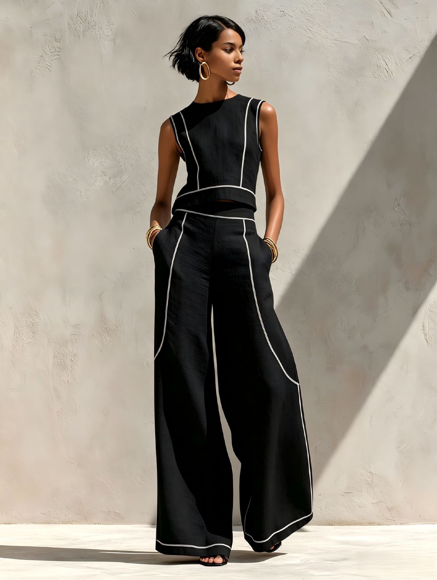 Women's Wide Leg Pants Set | Sleeveless Color Block | Summer Casual