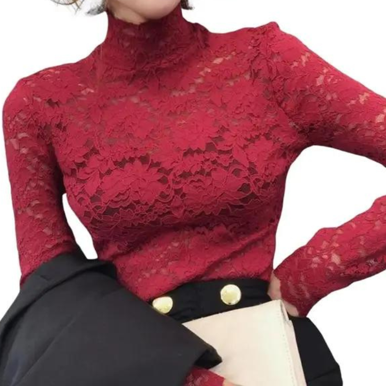 Lace Top | Floral lace turtleneck | Elegant, slim fit, lightweight