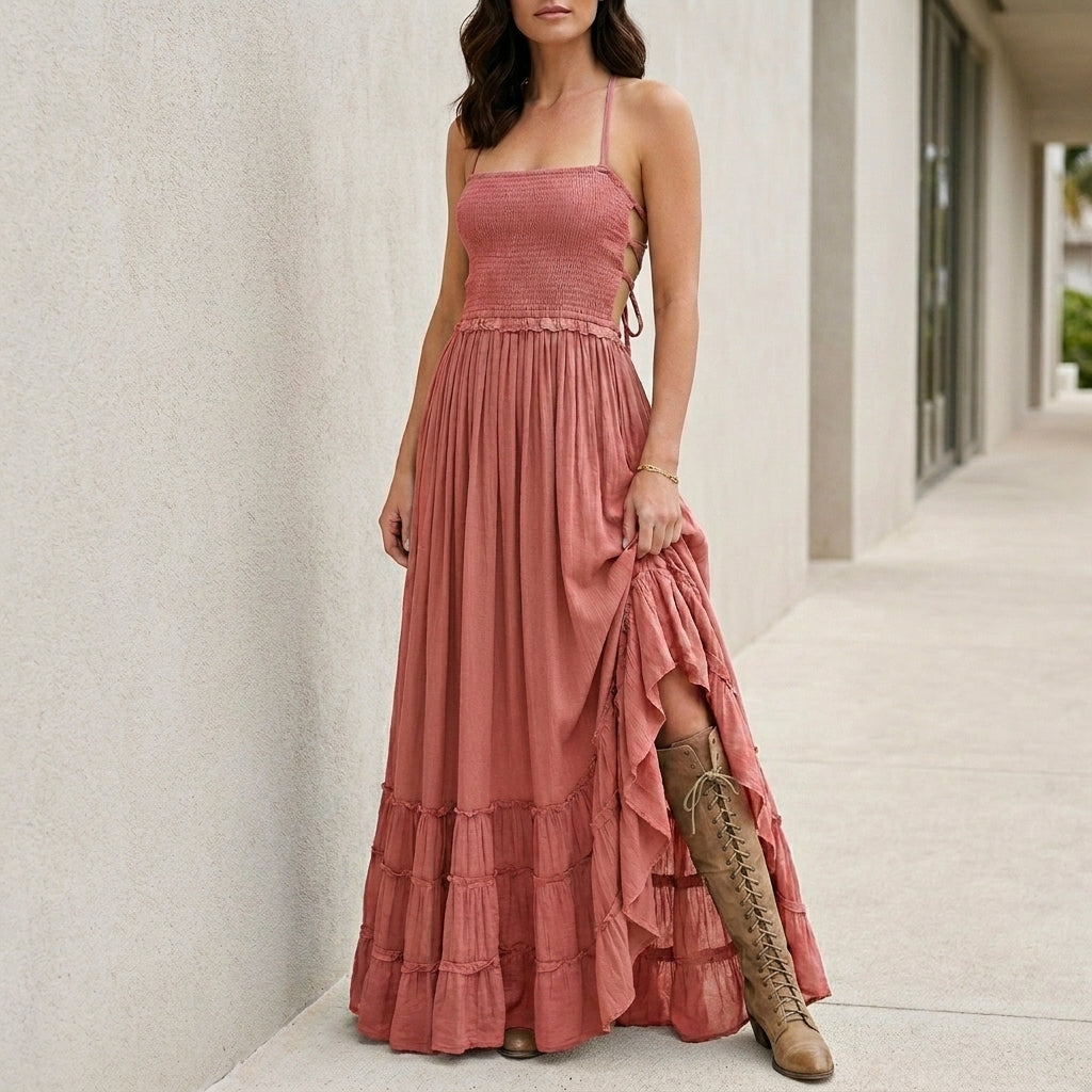 Maxi Dress | Open Back, Smocked | Summer Bohemian Style
