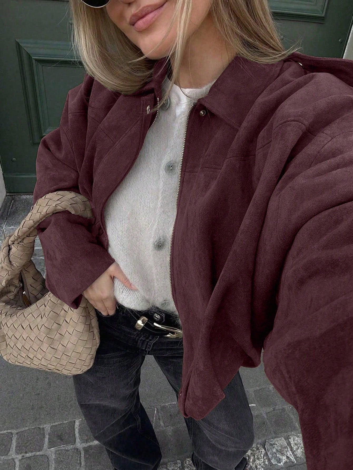 Oversized Bomber Jacket Women | Suede-Like, Zip & Collar