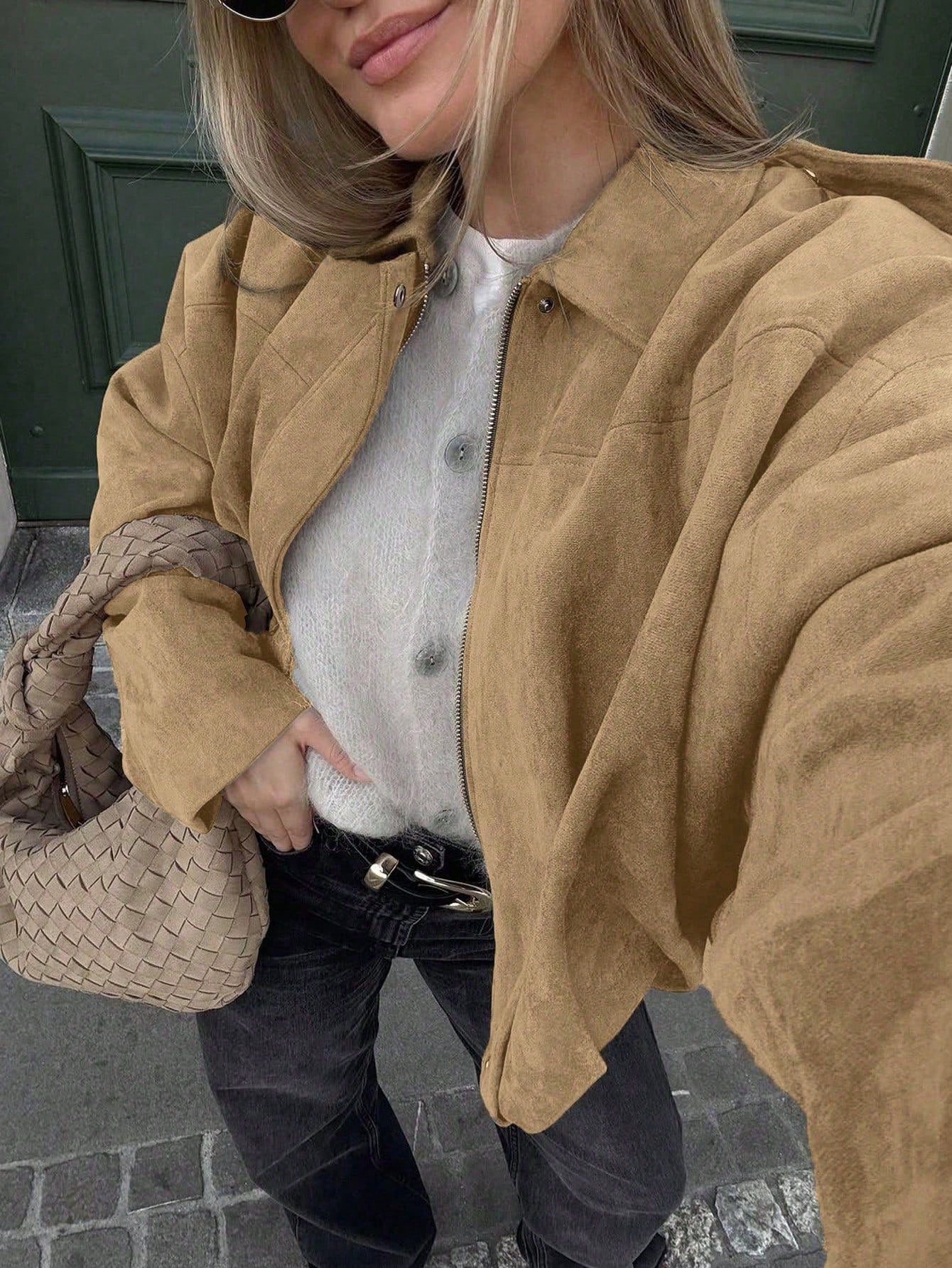 Oversized Bomber Jacket Women | Suede-Like, Zip & Collar