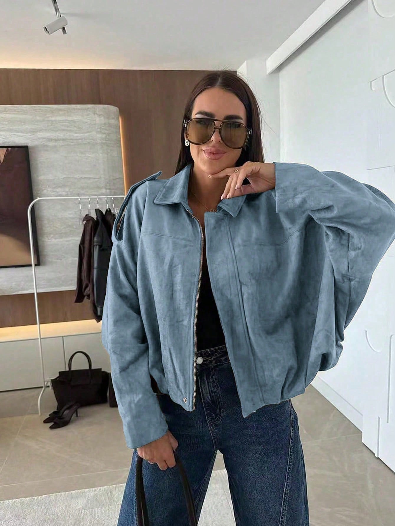 Oversized Bomber Jacket Women | Suede-Like, Zip & Collar