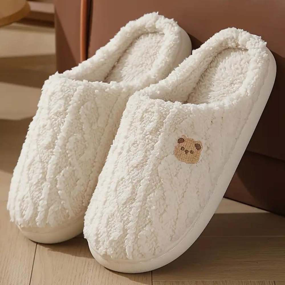 Teddy slippers womens warm cable knit with fluffy teddy lining and thick sole