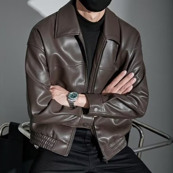 Men slim fit leather jacket stand collar zip closure