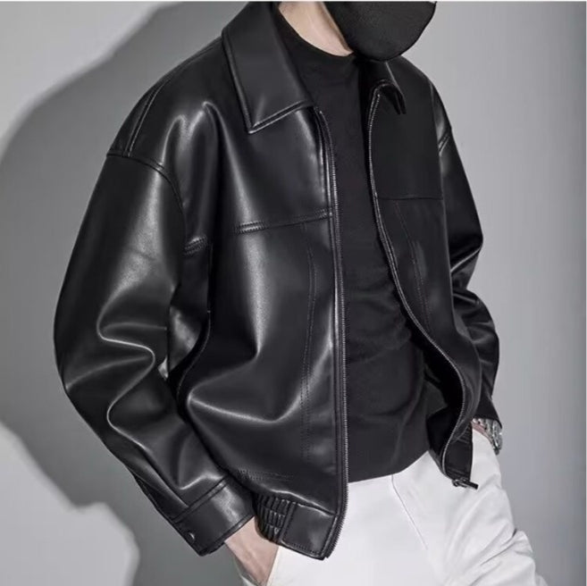 Men slim fit leather jacket stand collar zip closure
