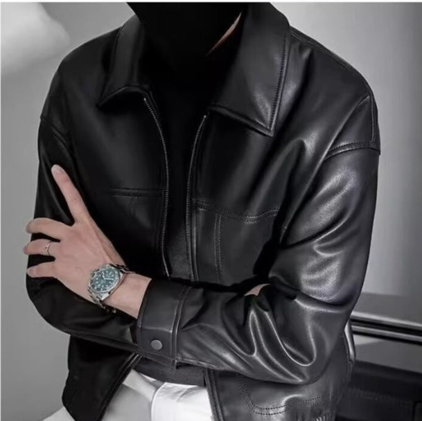 Men slim fit leather jacket stand collar zip closure