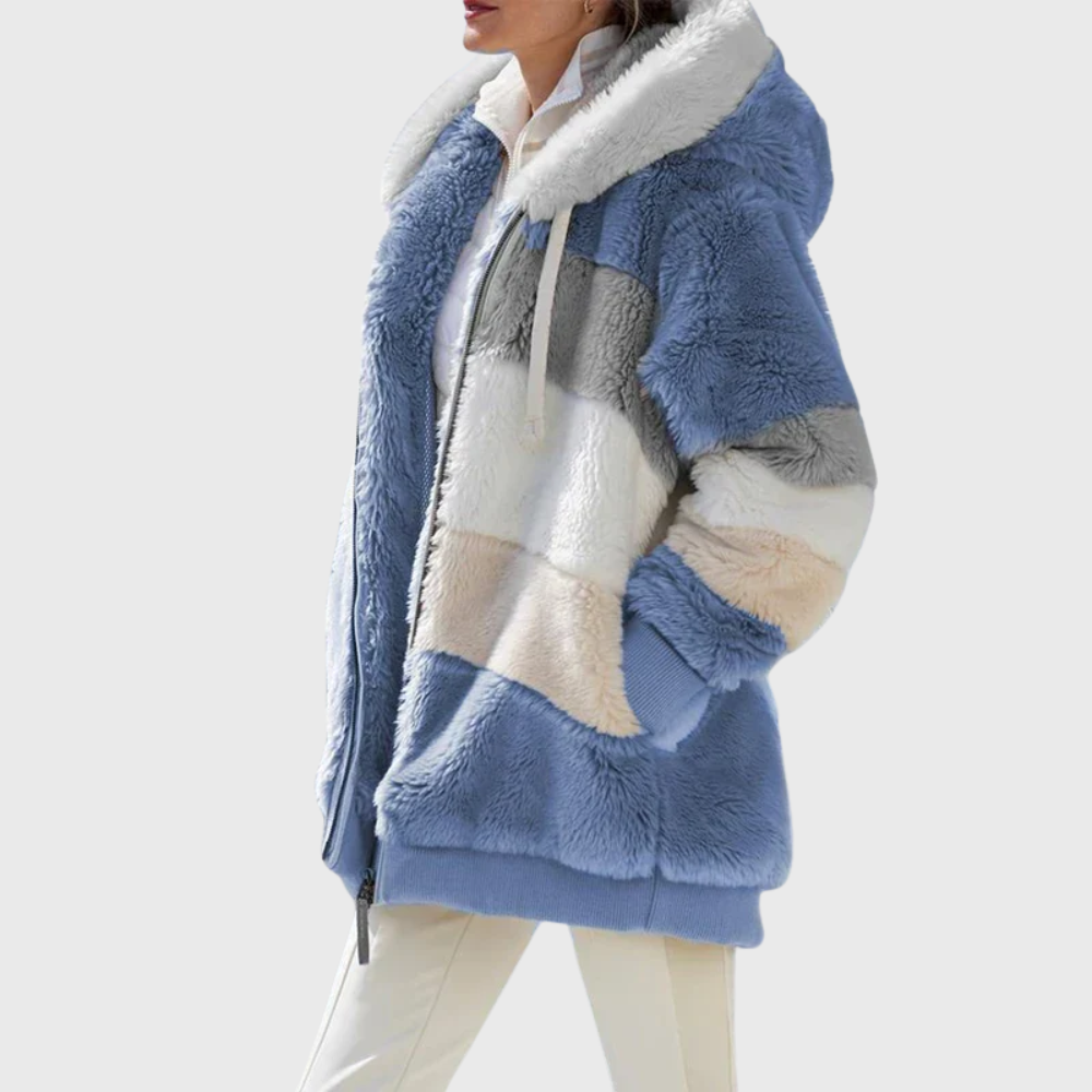 Women colour block puffer jacket with faux fur hood multicolour stripes
