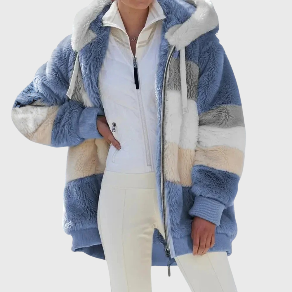 Women colour block puffer jacket with faux fur hood multicolour stripes
