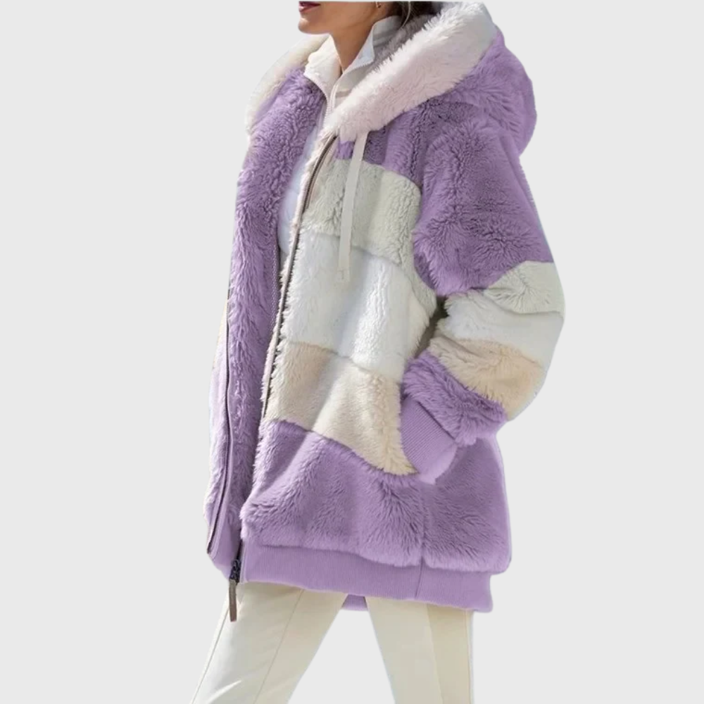 Thermal fleece puffer jacket for women with faux fur hood, lightweight warmth