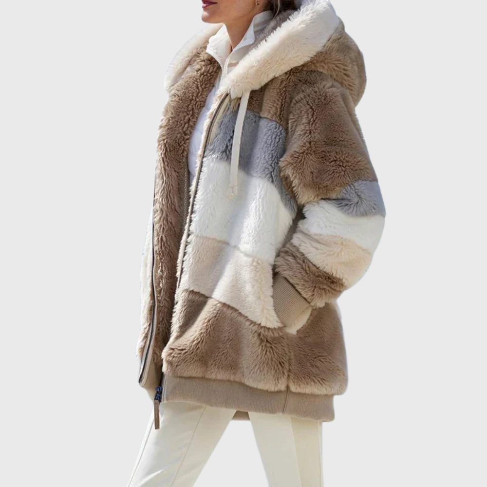 Women colour block puffer jacket with faux fur hood multicolour stripes