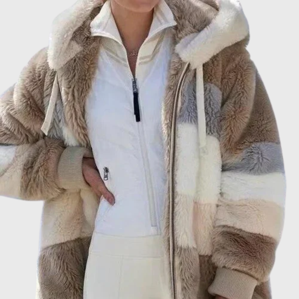 Women colour block puffer jacket with faux fur hood multicolour stripes