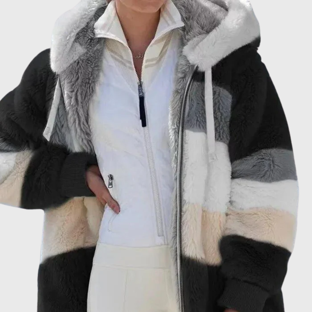 Women colour block puffer jacket with faux fur hood multicolour stripes