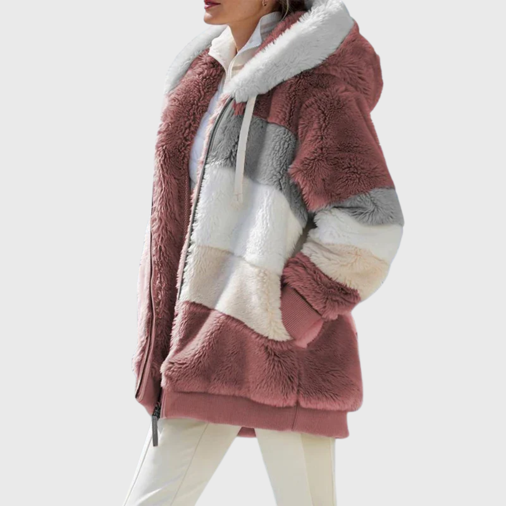 Thermal fleece puffer jacket for women with faux fur hood, lightweight warmth