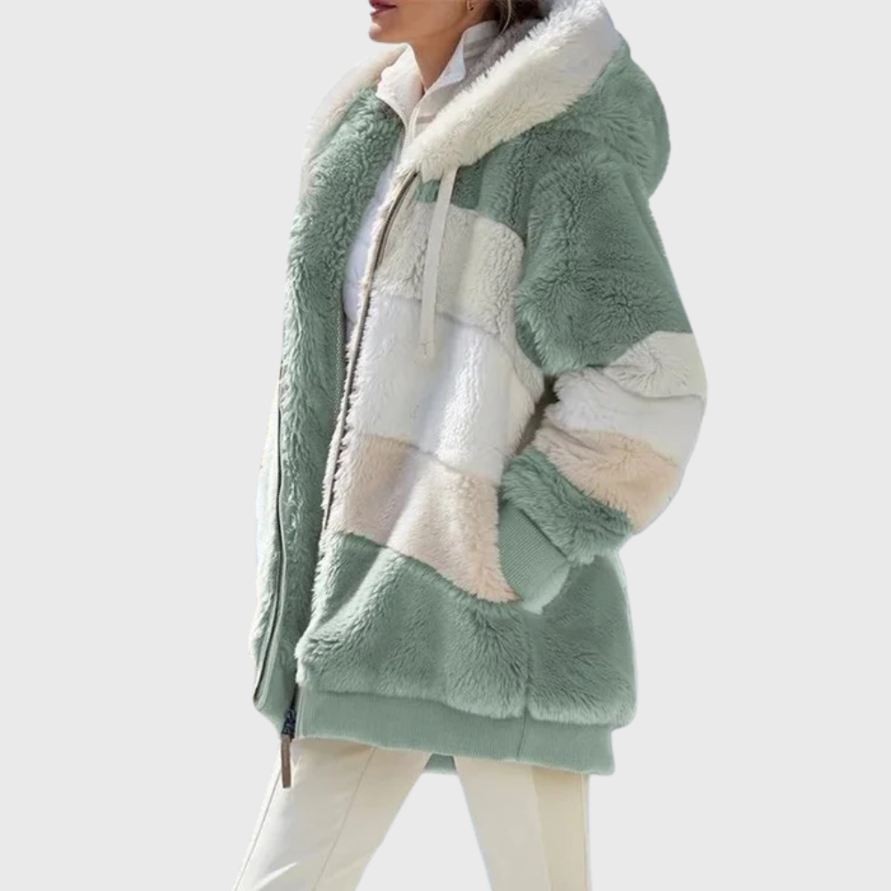 Women colour block puffer jacket with faux fur hood multicolour stripes