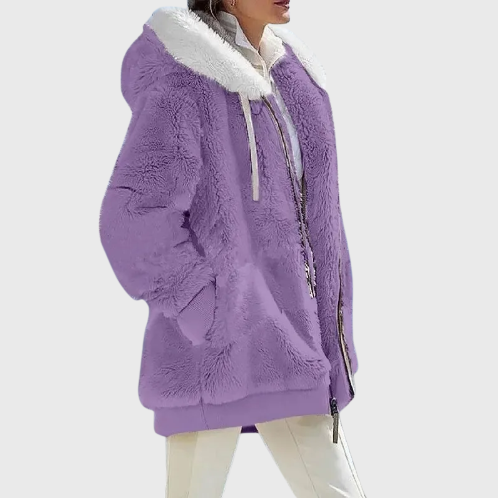 Thermal fleece puffer jacket for women with faux fur hood, lightweight warmth