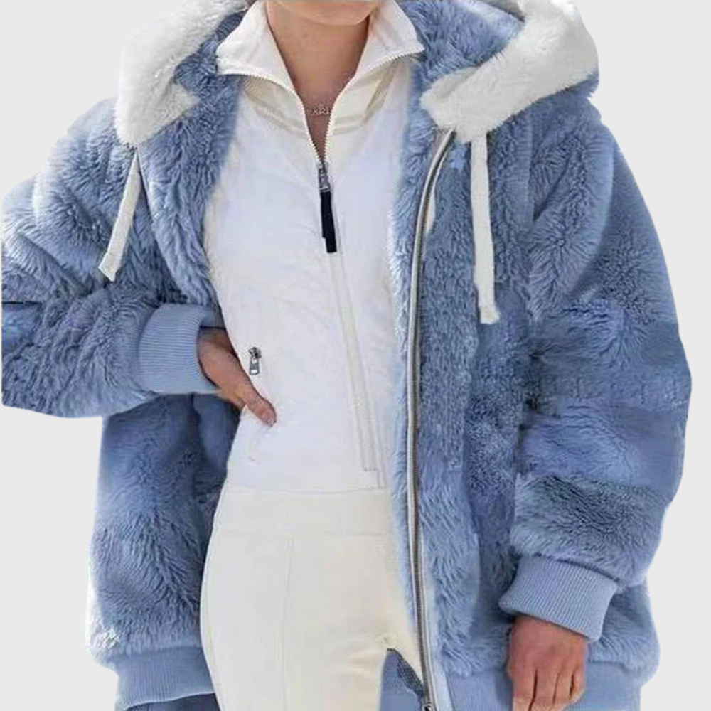 Women colour block puffer jacket with faux fur hood multicolour stripes