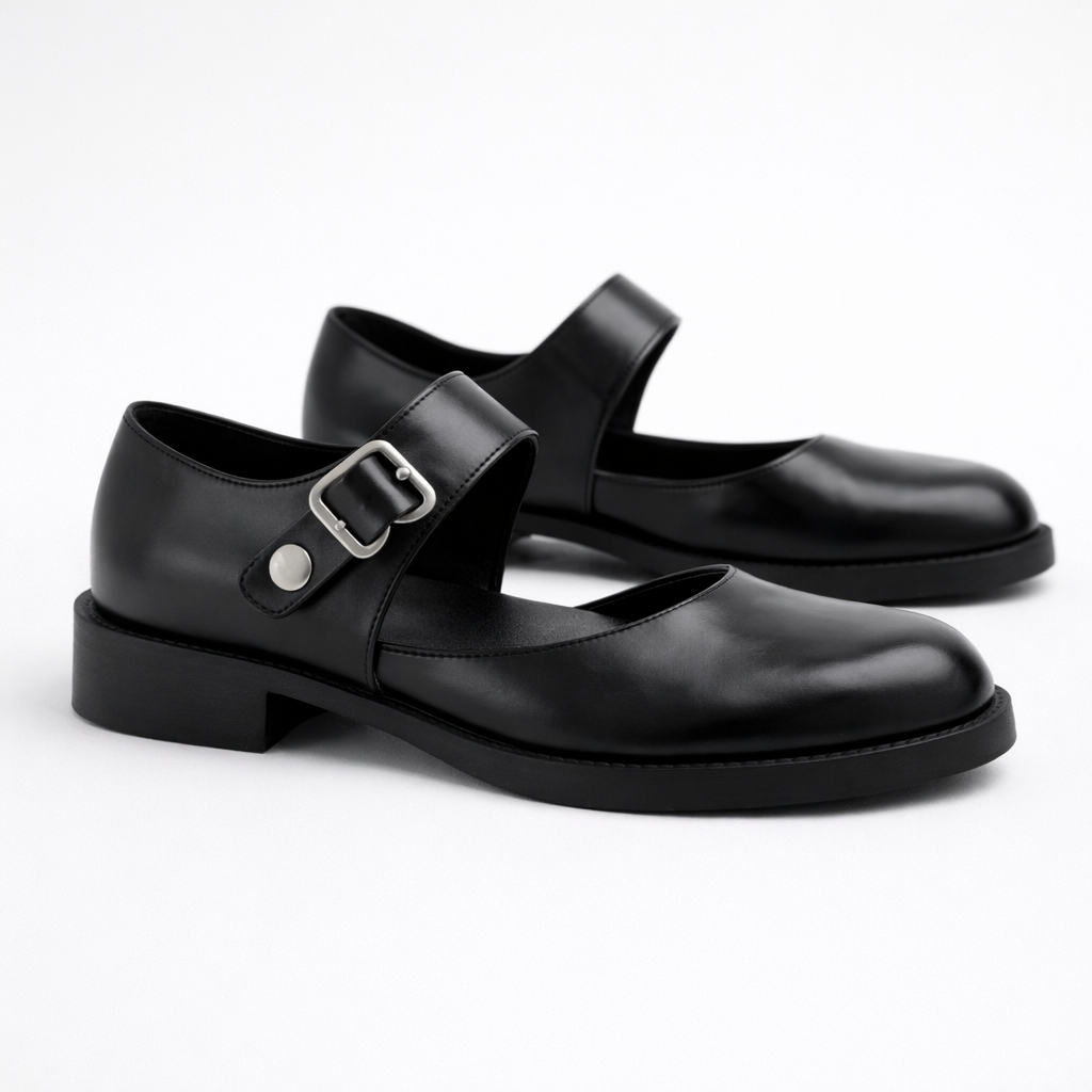 Women's Mary Jane Shoes | Black Leather, Buckle Strap