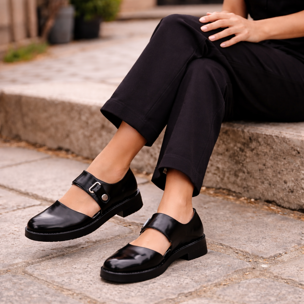 Women's Mary Jane shoes black leather with buckle strap chunky flats